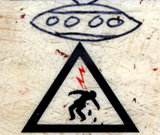 Caution Electricity Sign with a flying Sauces over the Lightning Bolt Funny Sign